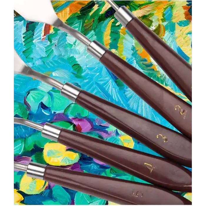YUEMING 5 adet palet bıçağı boyama aleti, palet bıçağı, boya spatulası, boya kazıyıcı, kırmızı plastik saplı metal bıçak palet boyama akrilik boyama yağlı boya sanatçı