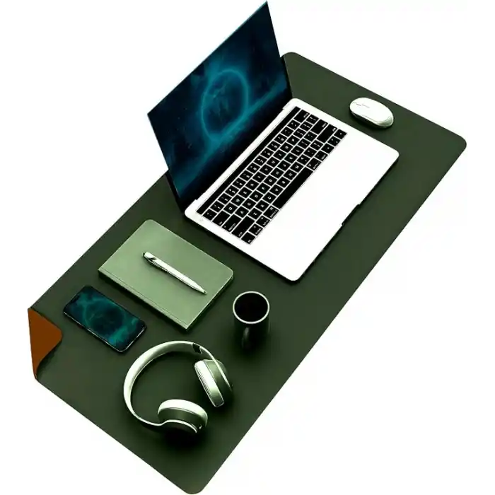 Klasse Çift Renk Dikişli PU Deri Masa Matı 80x40 Cm Mousepad, Su Geçirmez Masa Sümeni, Çift Taraflı Kullanım, Dizüstü Bilgisayar/Ofis/Ev için, Kaymaz Taban (Koyu Yeşil Ve Taba)