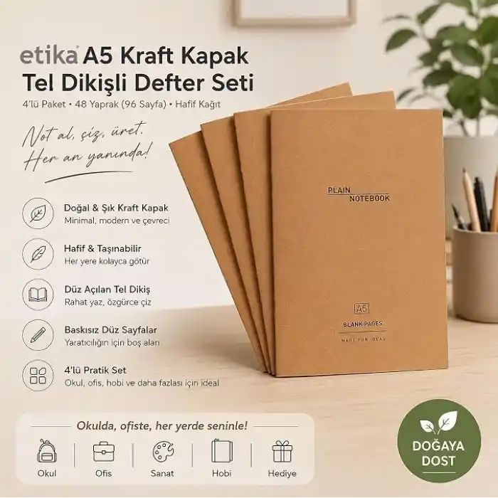 Etika A5 Kraft Kapak Tel Dikişli Defter 4lü Paket