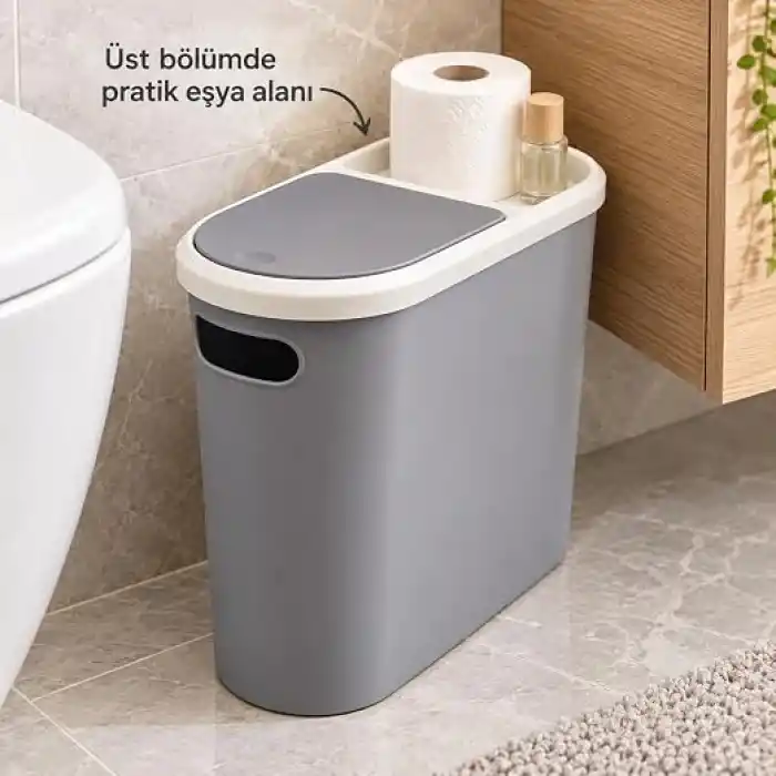 Kups Çöp Kovası, 10 Lt Kapasiteli, Plastik, Tuvalet Kağıdı Tutuculu, Dar Alana Uyumlu, (ANTRASİT)