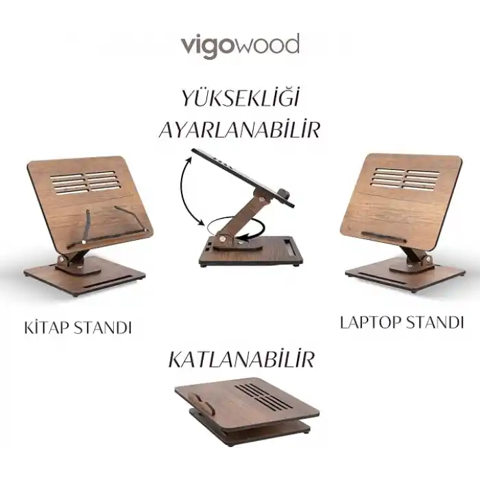 Vigo Wood - DYKOS Yükseklik Ayarlanabilir Katlanabilir 360º Dönebilen Kitap Okuma ve Laptop Standı