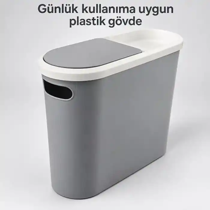 Kups Çöp Kovası, 10 Lt Kapasiteli, Plastik, Tuvalet Kağıdı Tutuculu, Dar Alana Uyumlu, (ANTRASİT)