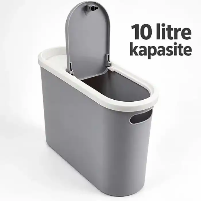Kups Çöp Kovası, 10 Lt Kapasiteli, Plastik, Tuvalet Kağıdı Tutuculu, Dar Alana Uyumlu, (ANTRASİT)
