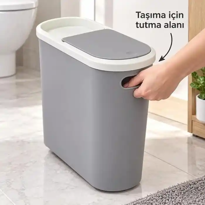 Kups Çöp Kovası, 10 Lt Kapasiteli, Plastik, Tuvalet Kağıdı Tutuculu, Dar Alana Uyumlu, (ANTRASİT)