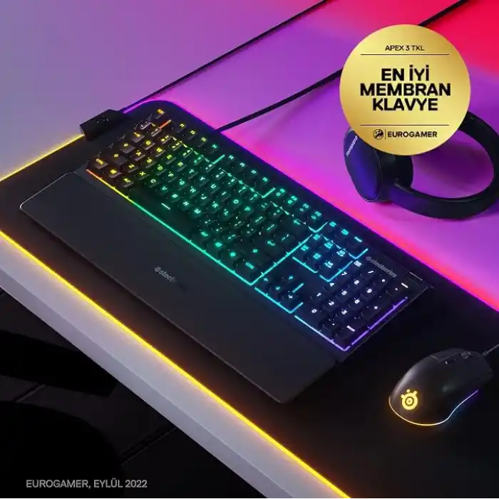 Steelseries Apex 3 Gaming Klavye, 10 Bölgeli Rgb Aydınlatma, Sessiz Switch, Ip32 Sıvı Dayanıklılık, Premium Manyetik Bilek Desteği, Türkçe Qwerty