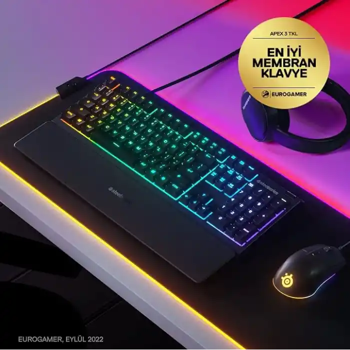 Steelseries Apex 3 Gaming Klavye, 10 Bölgeli Rgb Aydınlatma, Sessiz Switch, Ip32 Sıvı Dayanıklılık, Premium Manyetik Bilek Desteği, Türkçe Qwerty