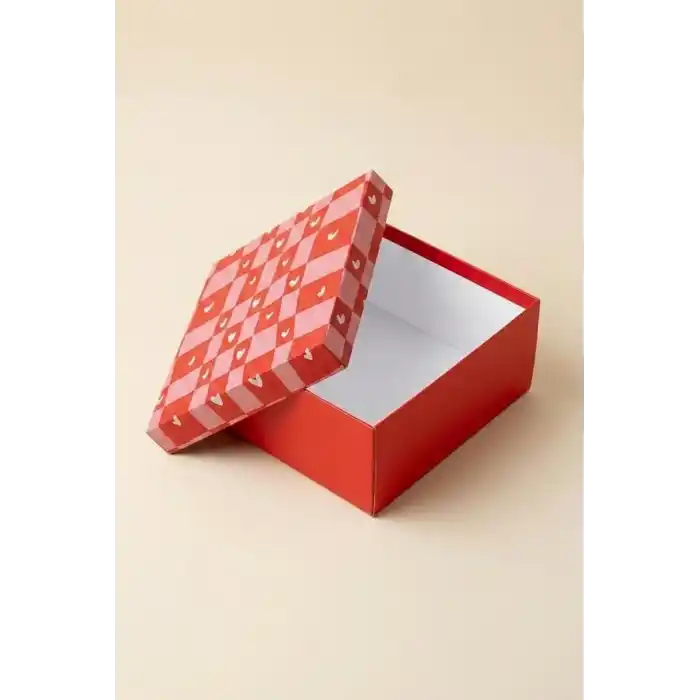 Kalpli Hediye Kutusu, Kırmızı Pembe Kalp Desenli, Premium Karton Hediye Kutusu 26x26x13 cm