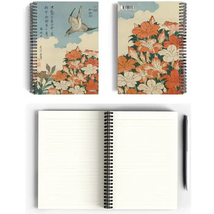Katsushika Hokusai/Cuckoo and Azaleas,1834 | Spiralli Defter 26 | A5 | Çizgili | 100 Sayfa | Okul (Düz)