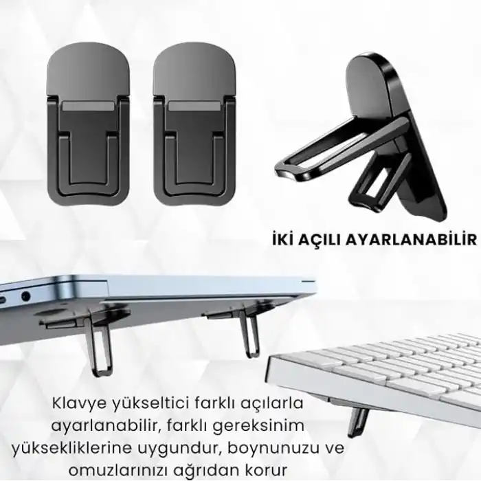 Polham Metal 2 adet 7MM 3M Yapışkanlı Katlanabilir Ultra Mini Laptop Standı,2 Açılı Laptop Yükseltici Siyah