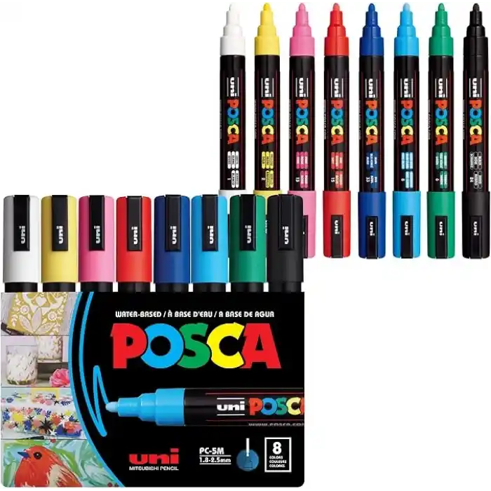 Posca Full Set 8 Akrilik Boya Kalemi Ters Çevrilebilir Orta Uçlu Kalem Uçları, Posca Kalemleri Kaya Boyama, Kumaş, Cam Boya, Metal Boya ve Grafiti için Akrilik Boya İşaretleyicileridir