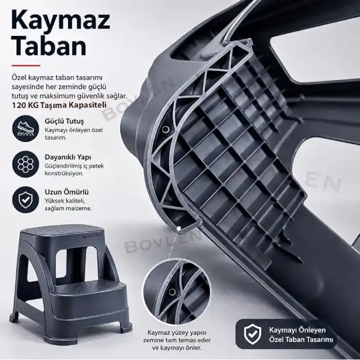 İki Basamaklı Kaymaz Büyük Boy Tabure - 120 KG Taşıma Kapasiteli - Basamaklı Tabure - Sert Plastik 42x44x44 cm