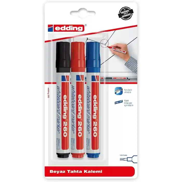 edding ED260B399 edding 260 Beyaz Yazı Tahtası Kalemi 3lü Karışık Siyah/Kırmızı/Mavi