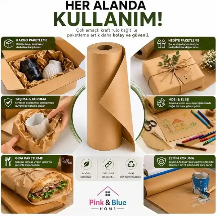 Pink & Blue Home Kraft Kağıt Rulosu – Paketleme ve Ambalaj Kağıdı, Koli ve Kargo Paketleme Kağıdı, Hediye Paketleme (50cm x 10mt)