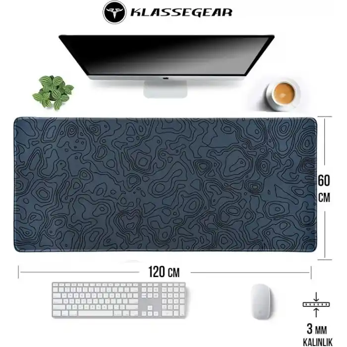 Klasse Pro - 5 Farklı Model Dikişli Kenar 120x60 cm Oyuncu Gaming Mouse Pad (Dark Grey Map Lines)