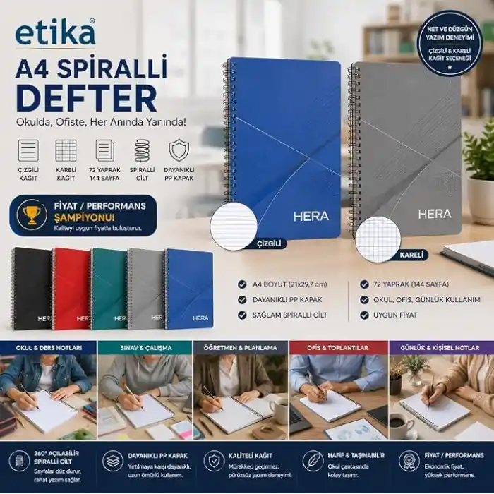 Etika A4 Okul Defteri Spiralli 144 Sayfa Dayanıklı PP Kapak 8li Paket