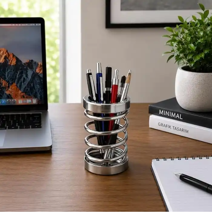 Orret Home Metal Spiral Kalemlik, Paslanmaz Çelik Yay Tasarımlı Masaüstü Kalemlik, Gümüş Ofis Kalem Tutucu, Modern Masa Düzenleyici Organizer, 12 cm
