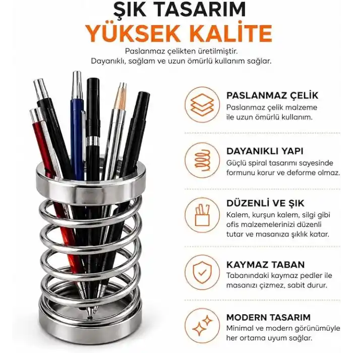 Orret Home Metal Spiral Kalemlik, Paslanmaz Çelik Yay Tasarımlı Masaüstü Kalemlik, Gümüş Ofis Kalem Tutucu, Modern Masa Düzenleyici Organizer, 12 cm