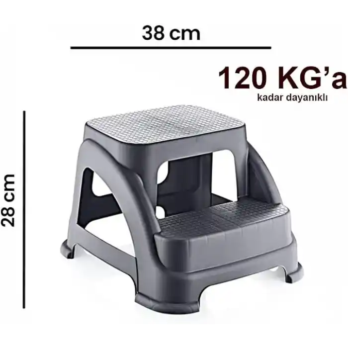 İki Basamaklı Kaymaz Tabure - 120 KG Taşıma Kapasiteli - Basamaklı Tabure - Sert Plastik (Antrasit)
