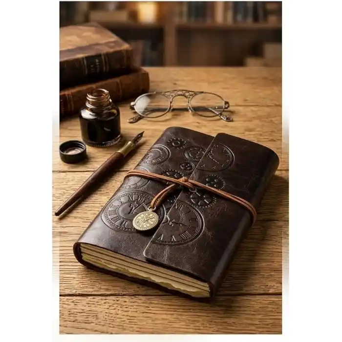 Senon Retro Vintage Saat ve Çark Baskılı Saat Kolye Uçlu Deri Kapaklı Günlük Not Defteri Zamanın Kıymetini Bilenlere Özel Tasarım Hediyelik Siyah
