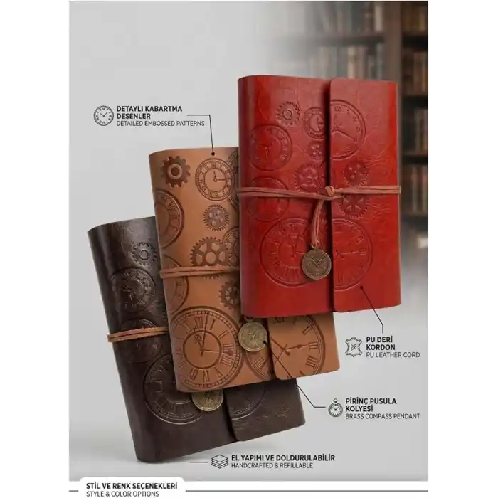 Senon Retro Vintage Saat ve Çark Baskılı Saat Kolye Uçlu Deri Kapaklı Günlük Not Defteri Zamanın Kıymetini Bilenlere Özel Tasarım Hediyelik Siyah