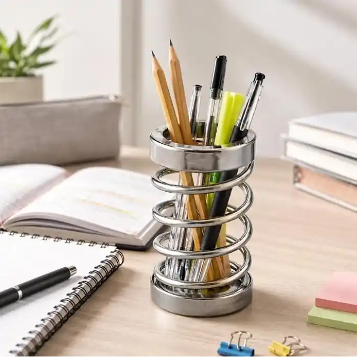 Orret Home Metal Spiral Kalemlik, Paslanmaz Çelik Yay Tasarımlı Masaüstü Kalemlik, Gümüş Ofis Kalem Tutucu, Modern Masa Düzenleyici Organizer, 12 cm