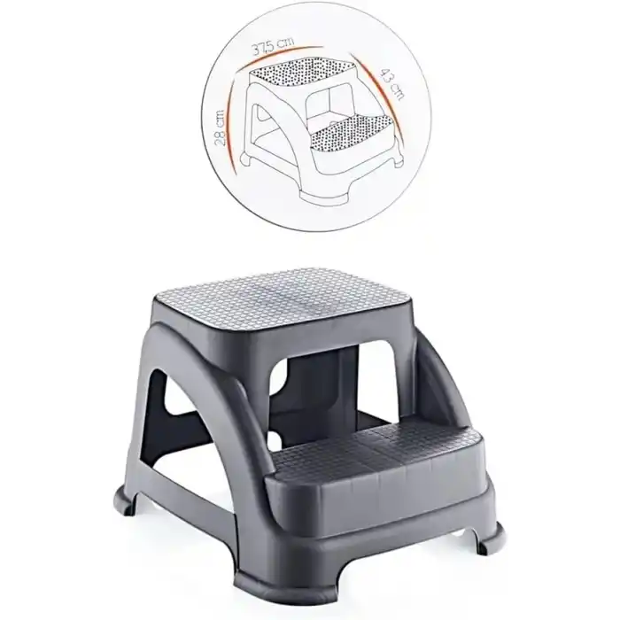 İki Basamaklı Kaymaz Tabure - 120 KG Taşıma Kapasiteli - Basamaklı Tabure - Sert Plastik (Antrasit)