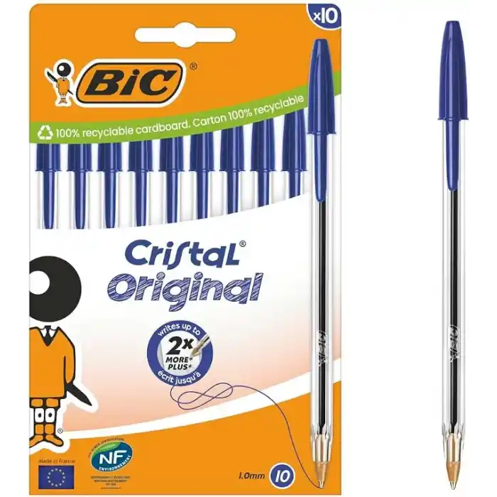 BIC Cristal Orijinal Tükenmez Kalem, Orta Uçlu (1,00 mm), Altıgen Şaft ve Uygun Kapaklı - Mavi, Her Biri 10 Adet Karton Kutu