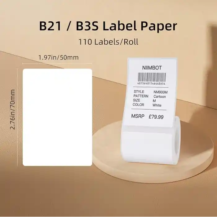 NIIMBOT B21/B3S 1,96 x 2,75 inç (50 × 70 mm) su geçirmez yapışkan kağıt etiketi bandı, kendinden yapışkanlı gönderi adresi etiketleri için, 1 rulo 110 adet (beyaz)