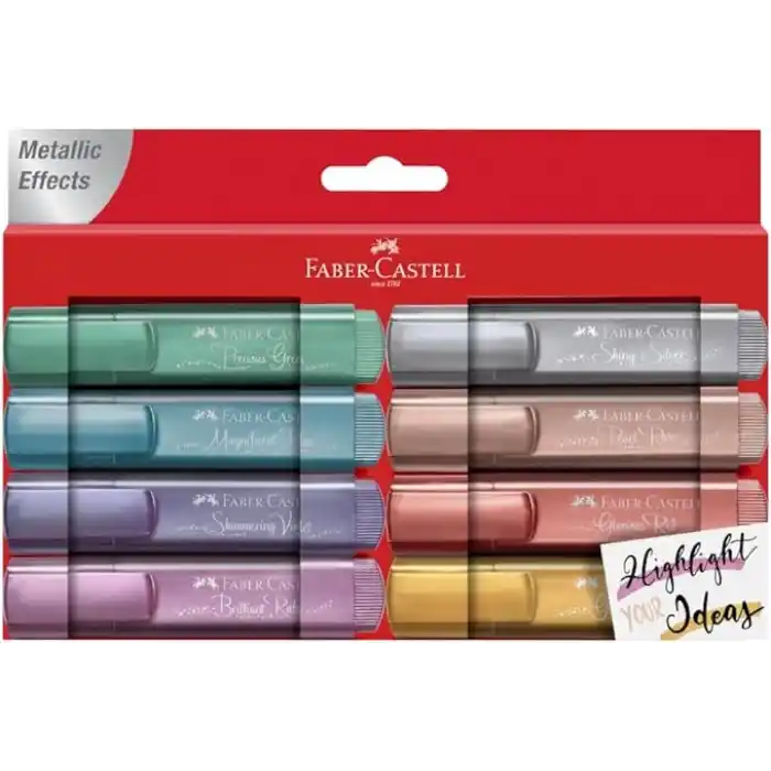Faber-Castell 46 Metalik Renk Fosforlu Kalem Seti, 8li Karton Kutu, Su Bazlı Mürekkep, Dayanıklı Kesik Uç