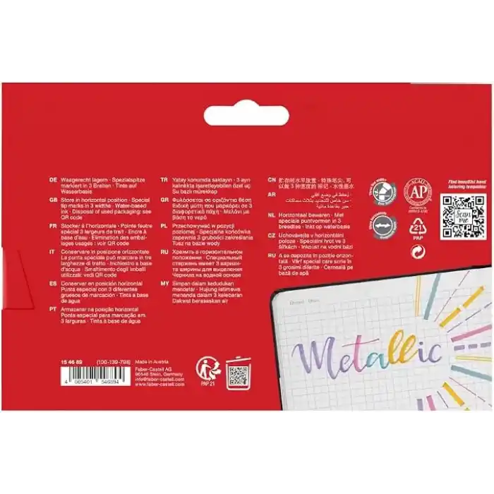 Faber-Castell 46 Metalik Renk Fosforlu Kalem Seti, 8li Karton Kutu, Su Bazlı Mürekkep, Dayanıklı Kesik Uç