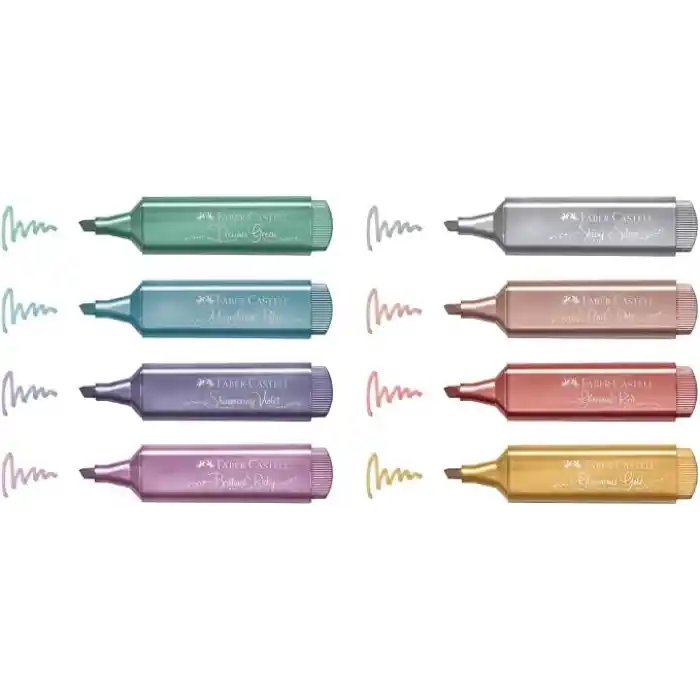 Faber-Castell 46 Metalik Renk Fosforlu Kalem Seti, 8li Karton Kutu, Su Bazlı Mürekkep, Dayanıklı Kesik Uç