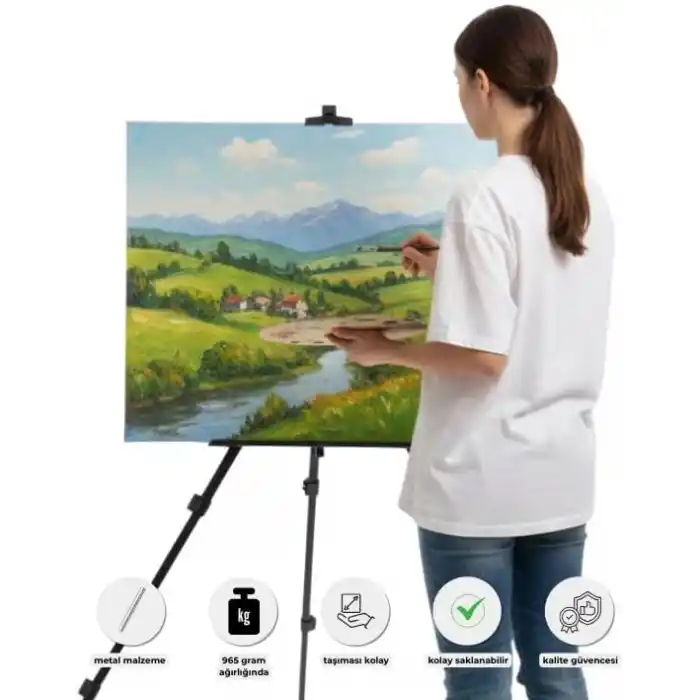 Temel Katlanabilir Metal Tripod Şövale - Ayarlanabilir, Taşıma Çantalı, Siyah