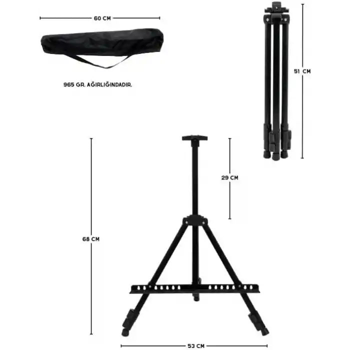 Temel Katlanabilir Metal Tripod Şövale - Ayarlanabilir, Taşıma Çantalı, Siyah