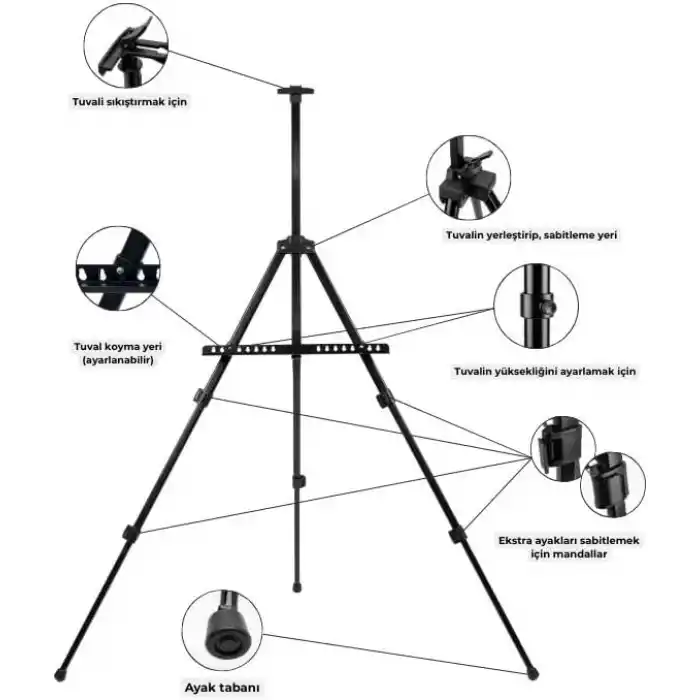Temel Katlanabilir Metal Tripod Şövale - Ayarlanabilir, Taşıma Çantalı, Siyah