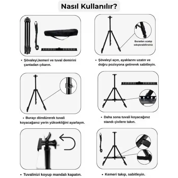 Temel Katlanabilir Metal Tripod Şövale - Ayarlanabilir, Taşıma Çantalı, Siyah