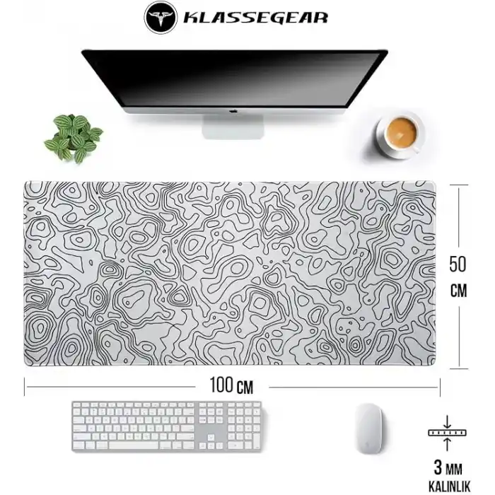 Klasse Pro - 4 Farklı Model Dikişli Kenar 100x50 cm Oyuncu Gaming Mouse Pad (White Map Lines)