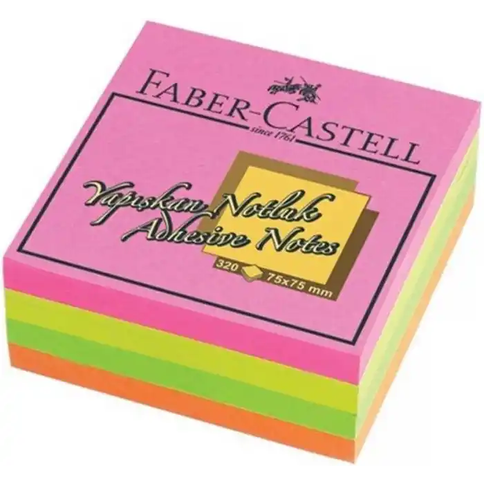 Faber-Castell Yapışkan Notluk 75x75mm, Karışık Fosforlu Renkli Küp