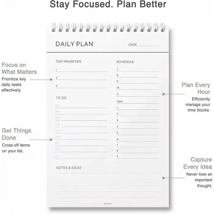 PATARA Daily Planner, Tarihsiz Günlük Ajanda, Masaüstü Planlayıcı, Spiralli