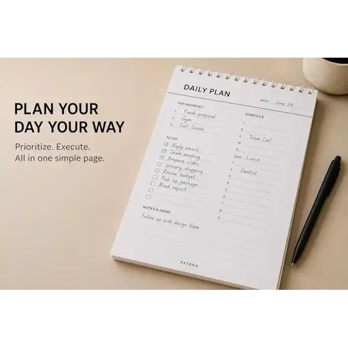 PATARA Daily Planner, Tarihsiz Günlük Ajanda, Masaüstü Planlayıcı, Spiralli