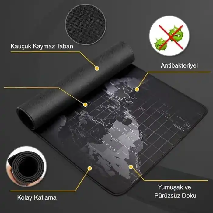 McStorey Dünya Haritası Mouse Pad 60x30 cm, Gaming Masa Pedi 3 mm, Kaymaz Kauçuk Tabanlı Desk Mat, Dikişli Kenar Kumaş Yüzey, Klavye ve Mouse Altlığı, Oyuncu ve Ofis Masası için Siyah