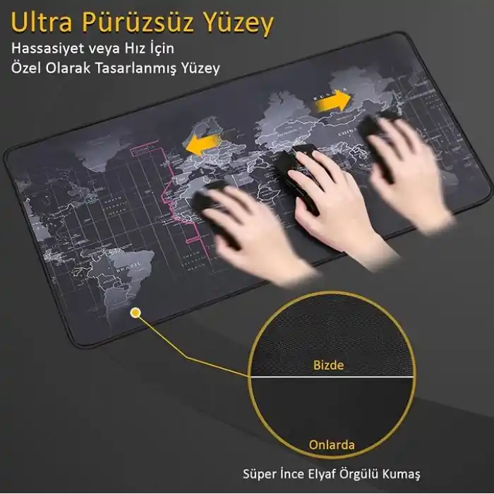 McStorey Dünya Haritası Mouse Pad 60x30 cm, Gaming Masa Pedi 3 mm, Kaymaz Kauçuk Tabanlı Desk Mat, Dikişli Kenar Kumaş Yüzey, Klavye ve Mouse Altlığı, Oyuncu ve Ofis Masası için Siyah