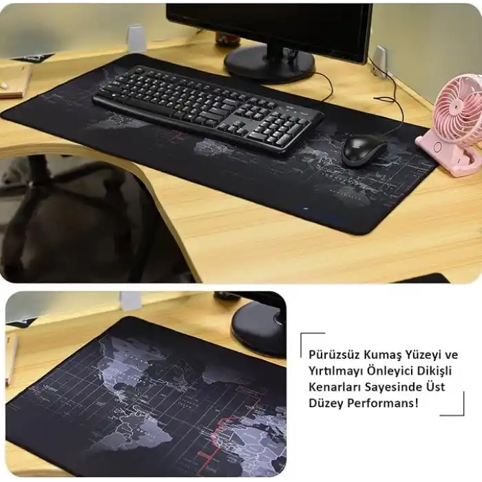 McStorey Dünya Haritası Mouse Pad 60x30 cm, Gaming Masa Pedi 3 mm, Kaymaz Kauçuk Tabanlı Desk Mat, Dikişli Kenar Kumaş Yüzey, Klavye ve Mouse Altlığı, Oyuncu ve Ofis Masası için Siyah