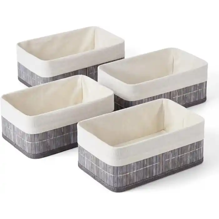 Deconox Bambu Detaylı Çok Amaçlı Saklama Kutusu – 25x15x8 cm Dekoratif Kumaş Organizer | Mutfak, Banyo, Dolap İçi ve Raf Düzenleyici | Çekmece İçi Derin Organizer Kutu Gri (4 ADET)