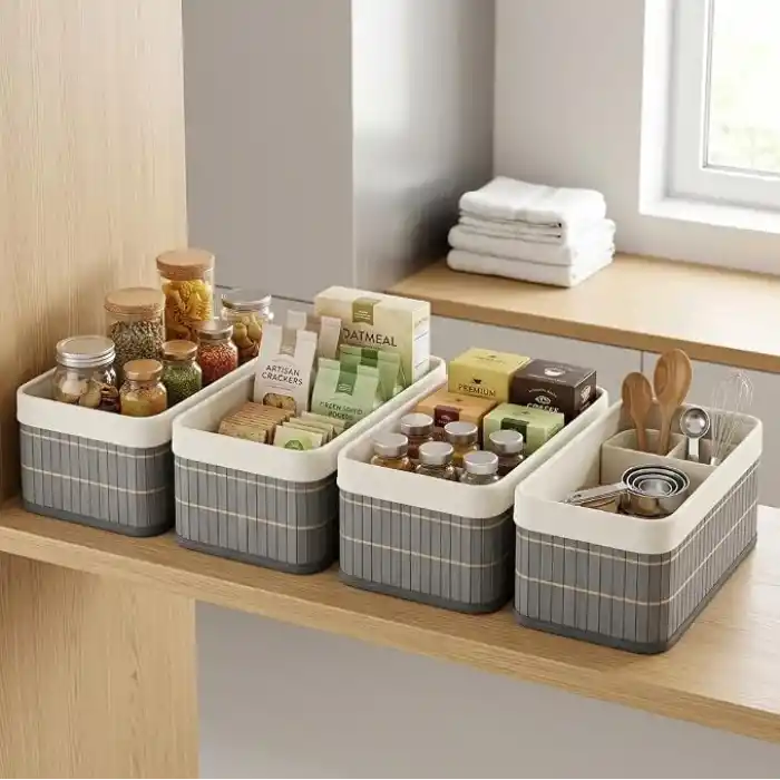 Deconox Bambu Detaylı Çok Amaçlı Saklama Kutusu – 25x15x8 cm Dekoratif Kumaş Organizer | Mutfak, Banyo, Dolap İçi ve Raf Düzenleyici | Çekmece İçi Derin Organizer Kutu Gri (4 ADET)