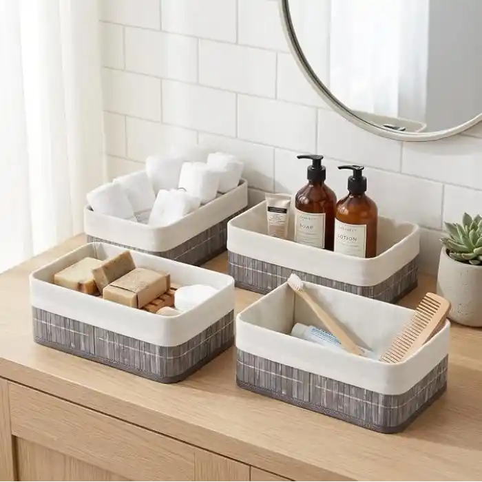 Deconox Bambu Detaylı Çok Amaçlı Saklama Kutusu – 25x15x8 cm Dekoratif Kumaş Organizer | Mutfak, Banyo, Dolap İçi ve Raf Düzenleyici | Çekmece İçi Derin Organizer Kutu Gri (4 ADET)