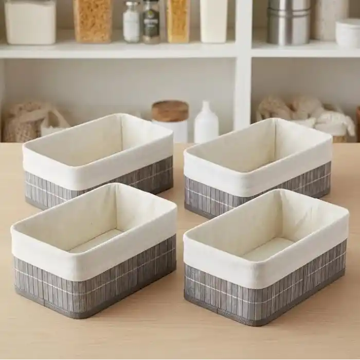 Deconox Bambu Detaylı Çok Amaçlı Saklama Kutusu – 25x15x8 cm Dekoratif Kumaş Organizer | Mutfak, Banyo, Dolap İçi ve Raf Düzenleyici | Çekmece İçi Derin Organizer Kutu Gri (4 ADET)