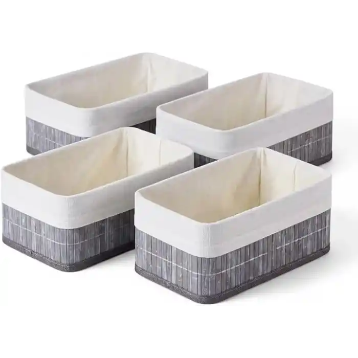 Deconox Bambu Detaylı Çok Amaçlı Saklama Kutusu – 25x15x8 cm Dekoratif Kumaş Organizer | Mutfak, Banyo, Dolap İçi ve Raf Düzenleyici | Çekmece İçi Derin Organizer Kutu Gri (4 ADET)