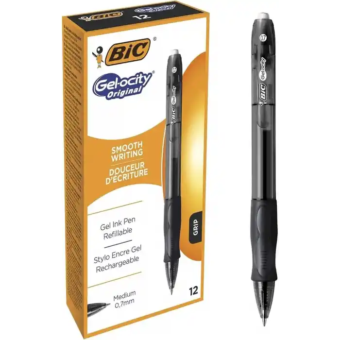 BIC Gel-ocity Orijinal Roller Kalemler, Siyah Jel Kalemler, Çizgi Genişliği Orta, Doldurulabilir, 12li Paket