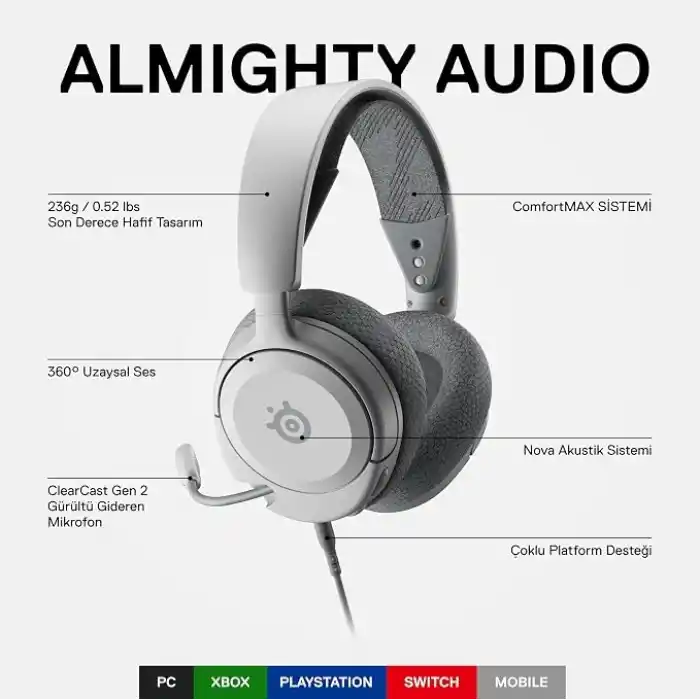 SteelSeries Arctis Nova 1 – Multi-Platform Gaming Kulaklık – Hi-Fi Sürücü – 360° Surround Ses – AirWeave Memory Foam Kulak Yastıkları – Gürültü Önleyici Mikrofon, PC, PS5, PS4, Switch, Xbox – Beyaz