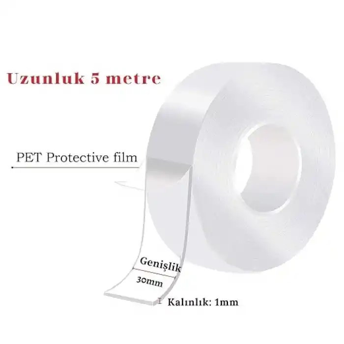 PDAteknoloji Su Sızdırmaz Çift Taraflı Şeffaf Bant 5 Metre Ekstra Güçlü Yıkanabilir İnce Nano Bant Genişlik 30mm Kalınlık 1mm Halı Ev Mutfak Banyo Araba Ofis için LTS-BND07